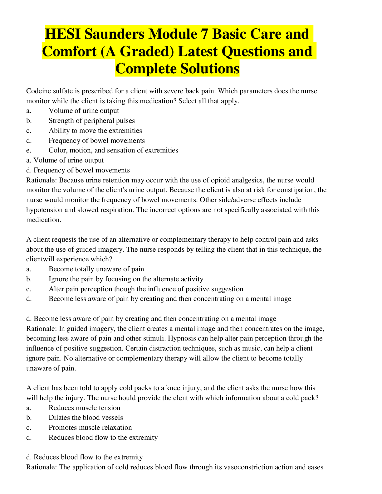 HESI Saunders Module 7 Basic Care and Comfort All Complete Questions